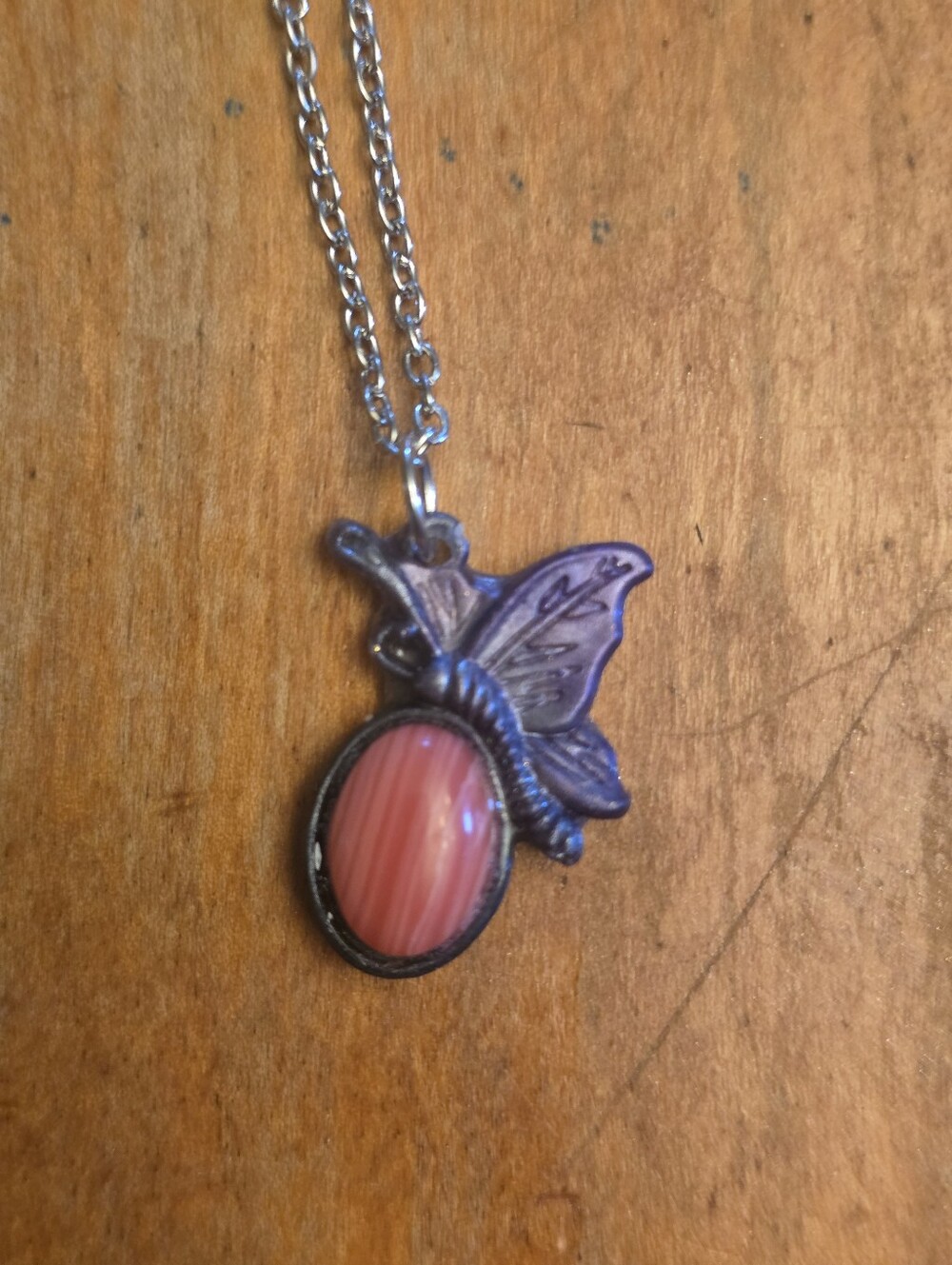 Purple Butterfly Resin Pendant With Striped Oval Pink Gemstone Silver-tone Chain